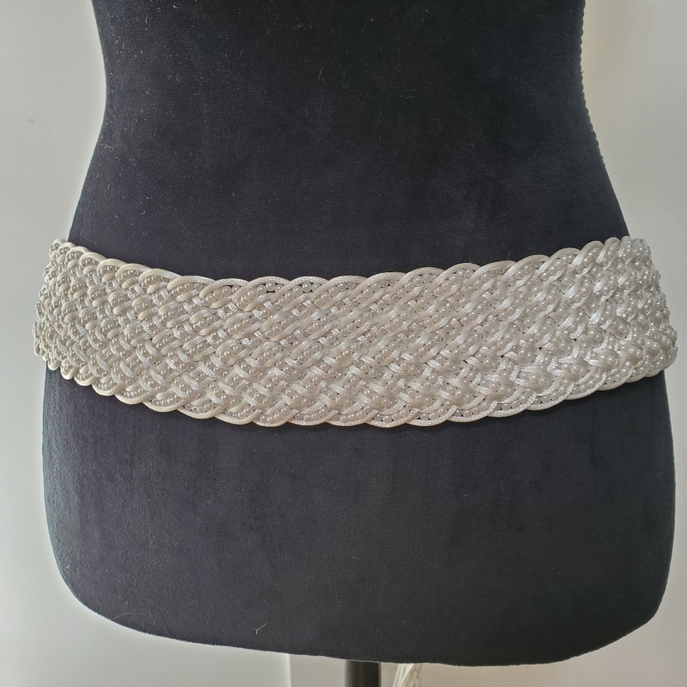 Beaded pearl wide woven bridal sash belt